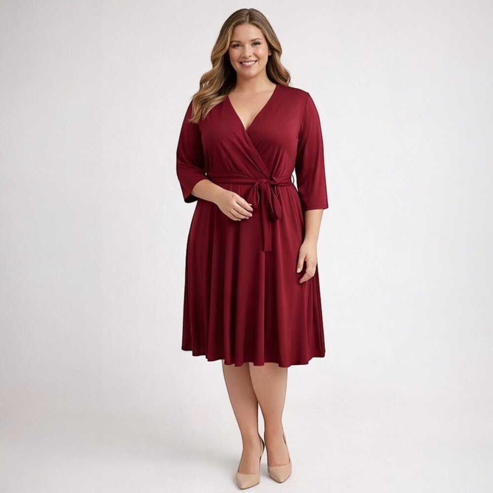 Flattering Burgundy Faux Wrap V-Neck Pleated Dress XL Self Tie Belt